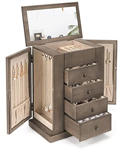 Grote Houten Sieradenbox voor Dames met 5 Lagen en Spiegel