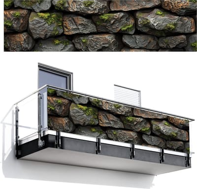 Balkonscherm 300x80 cm - Balkonposter Stenen - Mos - Grijs - Groen - Balkon scherm decoratie - Balkonschermen - Balkondoek zonnescherm