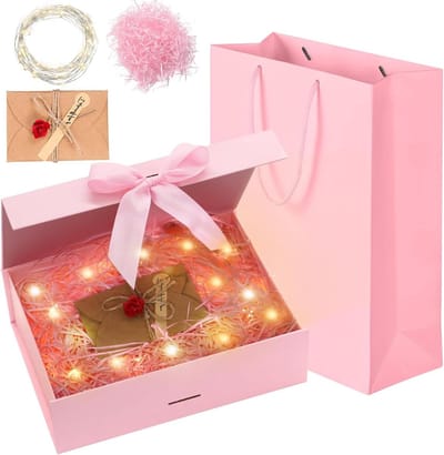 Giftbox met Deksel Zwart - Strik Tas Lint Raffia Wenskaarten voor Bruiloft Verjaardag Kerst Jubileum (Roze)