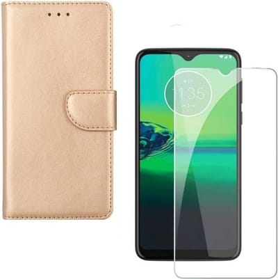hoesje Geschikt voor: Motorola Moto G8 Plus Portemonnee Goud met 2 stuks Glas Screen protector