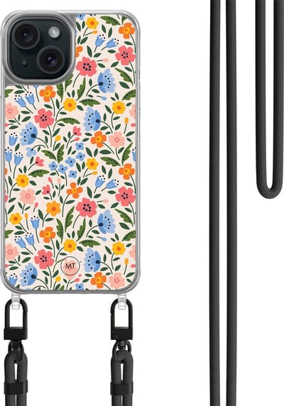 Hoesje met koord geschikt voor iPhone 14 - Romantische bloemen - Inclusief zwart koord - Crossbody beschermhoes - Transparant, Multi - Mooie Telefoonhoesjes