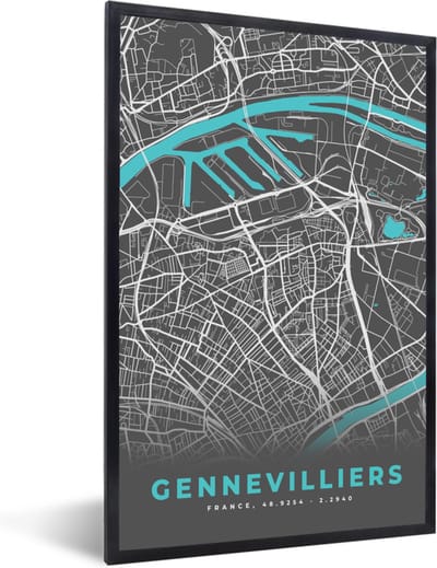 Fotolijst incl. Poster - Gennevilliers - Frankrijk - Plattegrond - Kaart - Stadskaart - 40x60 cm - Posterlijst