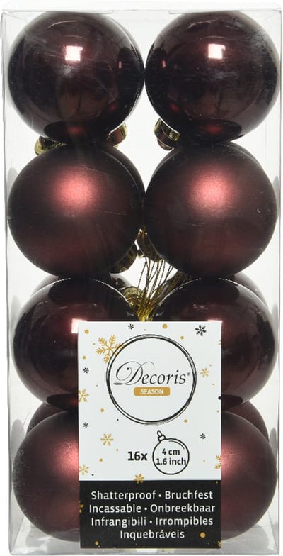 Decoris kleine kerstballen - 16x st - mahonie bruin - 4 cm - kunststof - kerstversiering