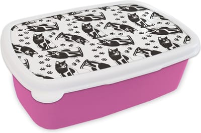 Broodtrommel Roze - Lunchbox - Brooddoos - Patronen - Kat - Zwart - Wit - Jongens - Meisjes - Kinderen - Kind - 18x12x6 cm - Kinderen - Meisje