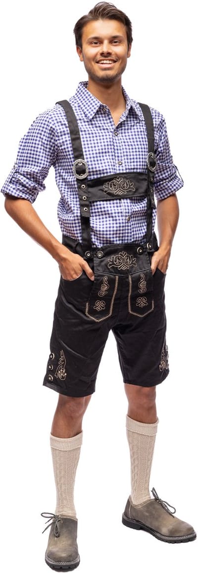 Samex® Lederhosen Man - Compleet Lederhose Kostuum - Inclusief Blauw Overhemd - Lederhose - Oktoberfest Heren - Carnavalskleding - Verkleedkleren mannen - Zwart - Maat S