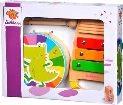 Eichhorn Muziekset Drum en Xylofoon - Vrolijke Houten Muziekdoos met Kleurrijke Xylofoon en Slingerdrum voor Jonge Kinderen