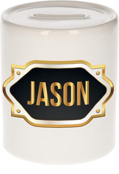 Spaarpot met voornaam Jason - wit - met goud/zwart embleem - 8 x 9 cm - keramiek - met afsluitdop - cadeau verjaardag