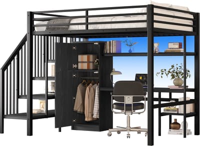 Zwart hoogslaper 140x200cm - uitgerust met bureau - boekenplank - kast en opslagladder - zonder matras