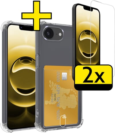 Hoesje - Geschikt voor Apple iPhone 16e - Met 2x Screenprotector - Pashouder - Kaarthouder - Telefoon Hoes Shockproof - Siliconen Case - Back Cover - Shock Proof - Pasjes Houder - Telefoonhoesjes - Transparant