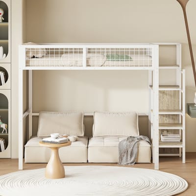 VVBV Ruimtebesparende Hoogslaper 140x200 cm met Voor Kinderen/Tieners, Trap/Ladder - Planken, Kledingkast - Metaal Wit