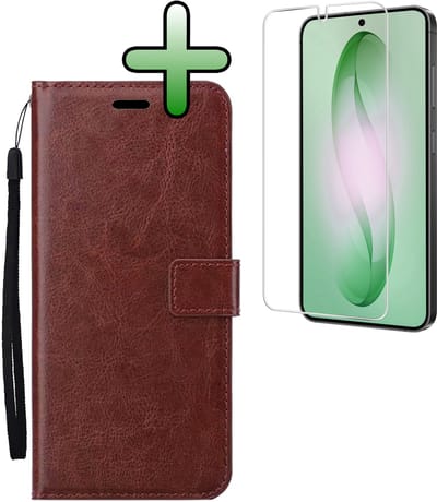 Hoesje Met Screenprotector - Geschikt voor Samsung Galaxy S26 - Luxe Pasjeshouder - Bookcase Portemonee - Flip Case - Kunstleer Book Case - Flipcase - Book Cover - Walletcase - Portemonneehoes - Bruin