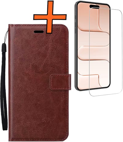 Hoes - Met Screenprotector - Geschikt voor Apple iPhone Air - Luxe Pasjeshouder - Bookcase Portemonee - Flip Case - Kunstleer Book Case - Flipcase - Book Cover - Walletcase - PortemonneeHoes - Bruin