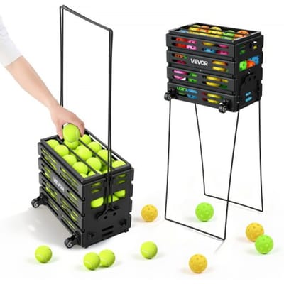 VEVOR Tennisballenmand met Wielen, Tennisballenverzamelaar met Frame van Koolstofstaal en Plastic Mand, Verzamelmand voor 80 Tennisballen, Draagbare Tennisballenkar voor Het Verzamelen van Trainingsballen op Clubs, Zwart