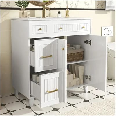 Merax Badkamermeubel met keramische wastafel - 81,7 x 46,8 x 90 cm - met 2 lades + 2 deuren - MDF - wit