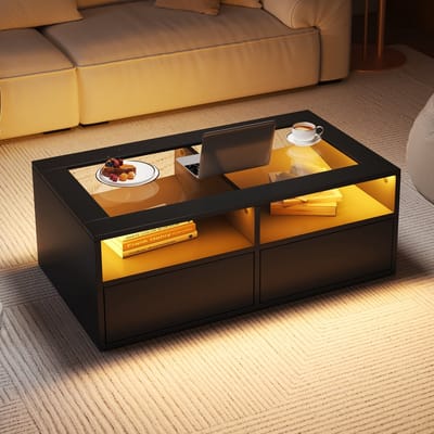 Moderne Salontafel Met LED Verlichting - 100x50x35 cm Zwart Met Twee Laden En Glas - USB Poort Open Opbergruimte