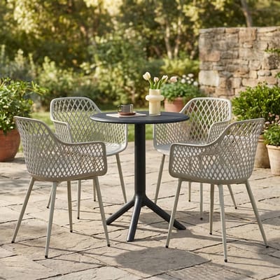 EGGREE Balkonmeubilair voor kleine balkons - Outdoor loungeset voor tuin & terras - Tafel (Ø 60 cm) + 4 grijze fauteuils