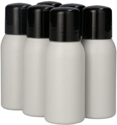 6 x Gerecyclede Plastic Fles 50 ml Schroefdop zwart - Rond- Gerecycled HDPE Kunststof - Onbreekbaar - ca. 70% minder Co2 uitstoot door gerecycled materiaal - 6 stuks