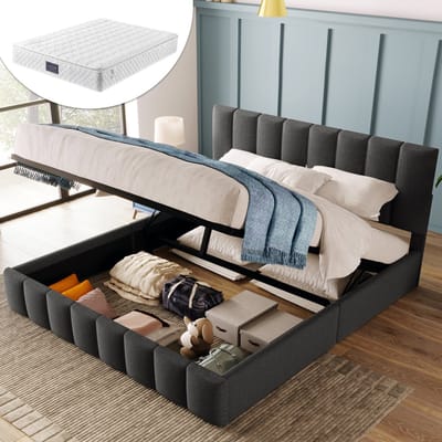 Hydraulisch tweepersoons gestoffeerd bed 140x200cm, verstelbaar hoofdeinde, bed met lattenbodem en metalen frame, linnen bekleding, modern bedframe met opbergruimte, grijs (inclusief matras)