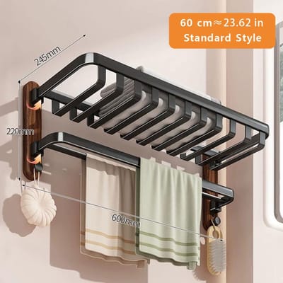 Porte-serviettes pliant en noyer 60 cm Salle de bain Bois massif Étagère pour serviettes de bain 23,62 pouces Mural Noir Porte-serviettes pour peignoir Accessoires gray