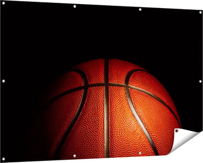 Gards Tuinposter Basketbal op een Zwarte Achtergrond - 150x100 cm - Tuindoek - Tuindecoratie - Wanddecoratie buiten - Tuinschilderij