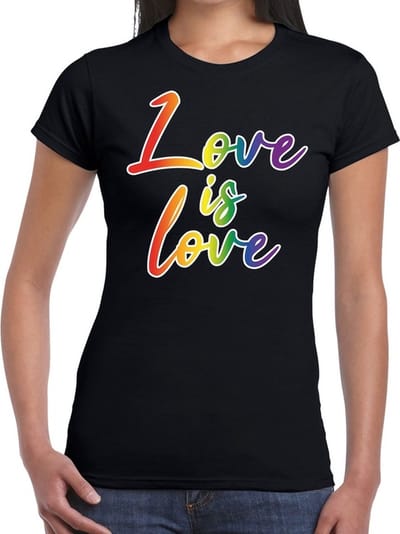Love is love gay pride t-shirt zwart met regenboog tekst voor dames - Gay pride/LGBT kleding XS