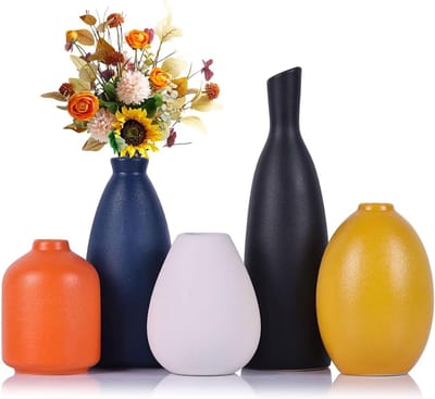 Set van 5 Kleurige Keramische Bud Vazen in Modern Blauw, Zwart en Wit - Perfect voor Woonkamer, Keuken en Badkamer Decoratie