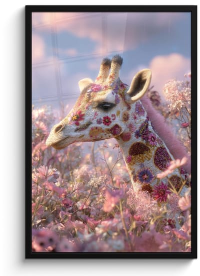 Poster in lijst - Fotolijst 60x90 cm - Posters - Giraffe - Bloemen - Roze - Posterlijst zwart - Decoratie - Wanddecoratie woonkamer - Muurdecoratie slaapkamer