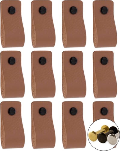 Leren handgrepen - Taupe - 12 stuks - 12,5 x 2,5 cm - incl. 3 kleuren schroeven- Handgrepen leer - Leren meubelgreep - Leren handvaten kast - Leren lus - Handgreep kast leer - Leren greepjes - Handvat leer - Leren deurgreep - Leren handgreep