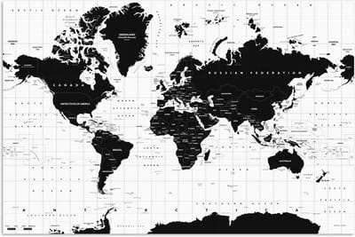 Poster 30x20 cm - Wereldkaart - Zwart - Wit - Atlas - Aarde - Educatief - Posters - Kamer decoratie - Wanddecoratie woonkamer - Muurdecoratie slaapkamer