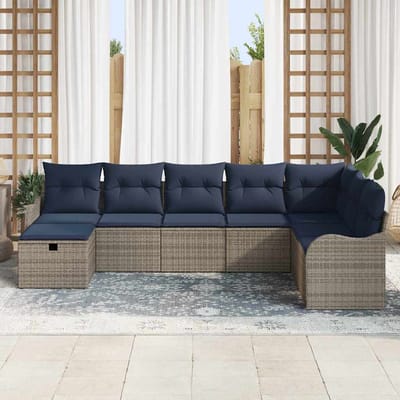 vidaXL - Bankstel - met - kussen - met - opslag - Grijs - en - Marineblauw - poly - rattan