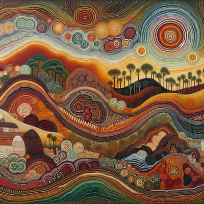 Olieverf aboriginal schilderij | Primal Brushstrokes: Indigenous Spirit on Canvas of Vibrant Colors | Kunst - 100x100 centimeter op Dibond | Foto op Dibond