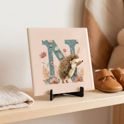 Tegeltje | Alfabet | Bosdiertjes | Baby | Letter N | Glans afwerking | Inclusief gratis standaard | 15 x 15 cm | Fotofabriek