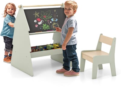 COSTWAY Schildersezel voor kinderen met stoel in boomvorm, 2-in-1 staand bord, dubbelzijdig met krijtbord en whiteboard, kinderbord met plank en papierrolhouder, kinderschildersezel voor kinderen