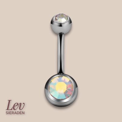 Lev Sieraden - Titanium double jewelled navel barbell piercing - 1.6 x 10 mm - navel piercing met 5 mm en 8 mm bal met Zirkonia multicolour - navel piercing