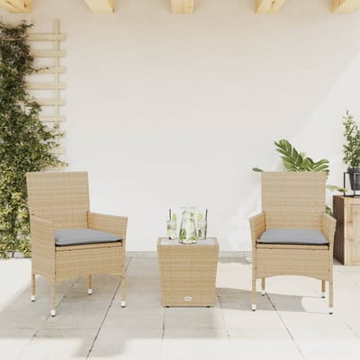 vidaXL - 3-delige - Bistroset - met - kussens - poly - rattan - en - glas - beige