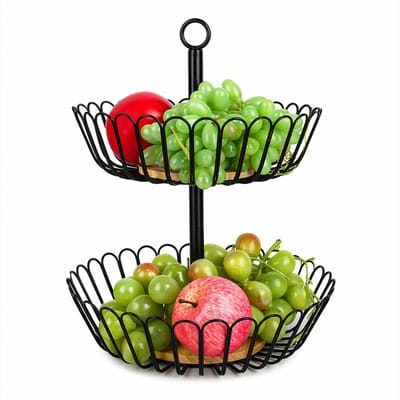 Luxaliving Fruit Etagère 2 Laags Zwart – Metalen Fruitmand met Houten Details – Fruitschaal & Groentemand – Keuken Organizer 40 cm