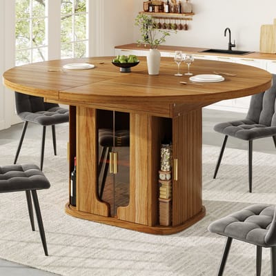 Eettafel - 118-158 cm - Rond naar Ovaal met Glazen Deuren - voor 6 Personen - Hout - Walnoot