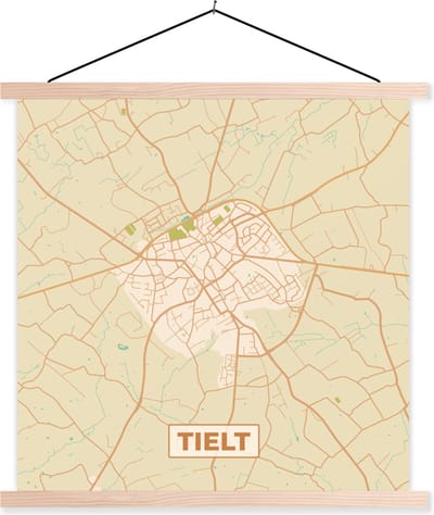 Posterhanger incl. Poster 40x40 cm - Schoolplaat - Vintage - Kaart - Stadskaart - Plattegrond - Tielt - Textielposter - Blanke latten - Stadskaart