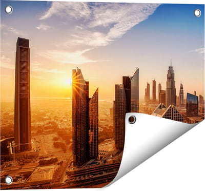 Gards Tuinposter Dubai Stad bij Zonsopgang - 50x40 cm - Tuindoek - Tuindecoratie - Wanddecoratie buiten - Tuinschilderij