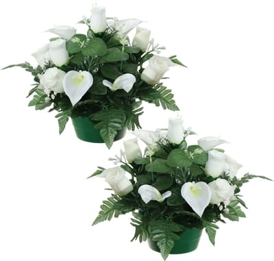 Louis Maes Kunstbloemen plantje in pot - 2x - wit - 26 cm - Bloemstuk ornament - rozen met bladgroen