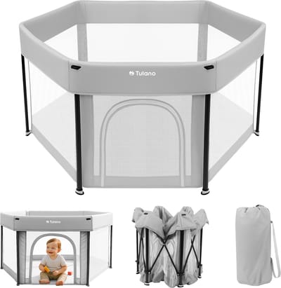 Tulano - Cozy 30 - grondbox - kinderbox – 125 cm – voor binnen en buiten – grijs/wit – ademend gaas – EN71-gecertificeerd – 6 tot 36 maanden