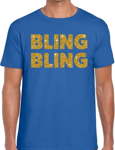 Bellatio Decorations Bling Bling T-shirt - blauw - gouden glitter tekst - heren - Verkleed shirt - cadeau S