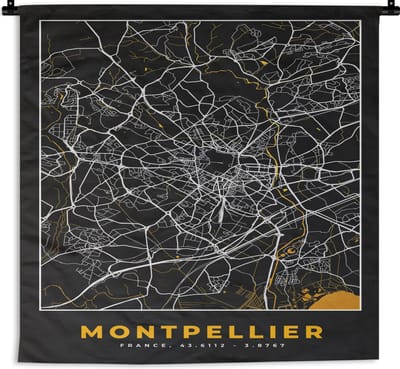 Wandkleed - Wanddoek - Frankrijk – Montpellier – Stadskaart – Plattegrond – Kaart - 180x180 cm - Wandtapijt