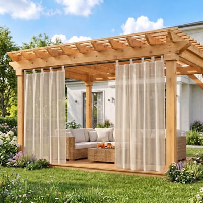 MUPOO Landelijk Waterdicht Buitengordijnen met Klittenband - velcro Outdoor voile Gordijnen - Vitrages voor Overkapping,Veranda & Balkon -zonder boren- Lichtdoorlatend & Privacy - Luchtig - 132x213cm -Khaki - 1 stuck