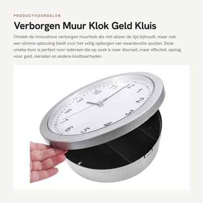 Verborgen Muur Klok - Geld Kluis - Modern Design - Zilver - Veiligheidsoplossing - Verberg Waardevolle Spullen - Voor Thuis of Kantoor