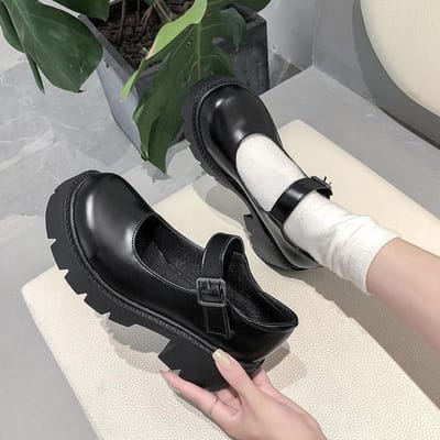 Chaussures Décontractées en Cuir Solide Femme Style Japonais Vintage Talons Hauts Imperméable Plateforme Étudiante Sangle à Boucle Chaussures Femme 37 white