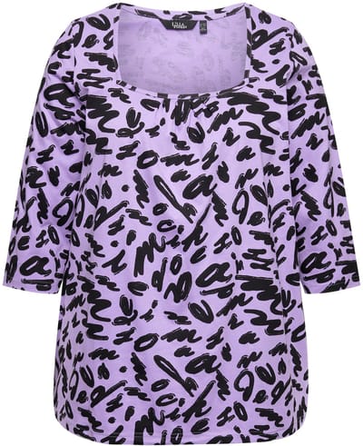 Ulla Popken - Dames - Shirt A-lijn sierplooien carréhals 3/4-mouwen - Blauwe lila - Maat 42+