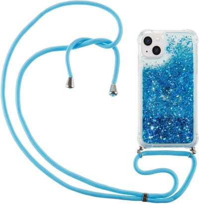 Lunso - Backcover hoes met koord - Geschikt voor iPhone 14+ / 14 Plus - Glitter Blauw