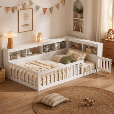 Kinderbed 90x200 cm - Eenpersoonsbed - Vloerbed - Grondbed - Multifunctioneel bed - Open opbergruimte - Met hoofdeinde - Met stopcontact en USB-poort - Met vangrail - Dennenhout - Ruimtebesparend - Snelle montage - Wit