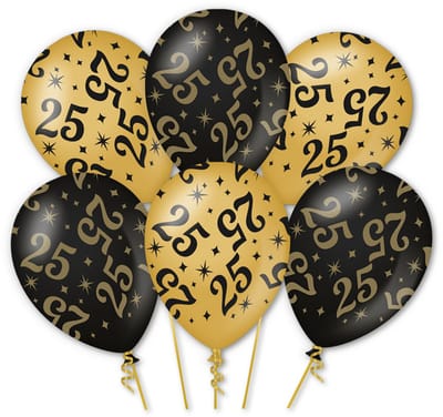 Q2P - 25 jaar Ballonnen - Zwart & Goud - Helium Geschikt – 25e Verjaardag Versiering - 6 Stuks